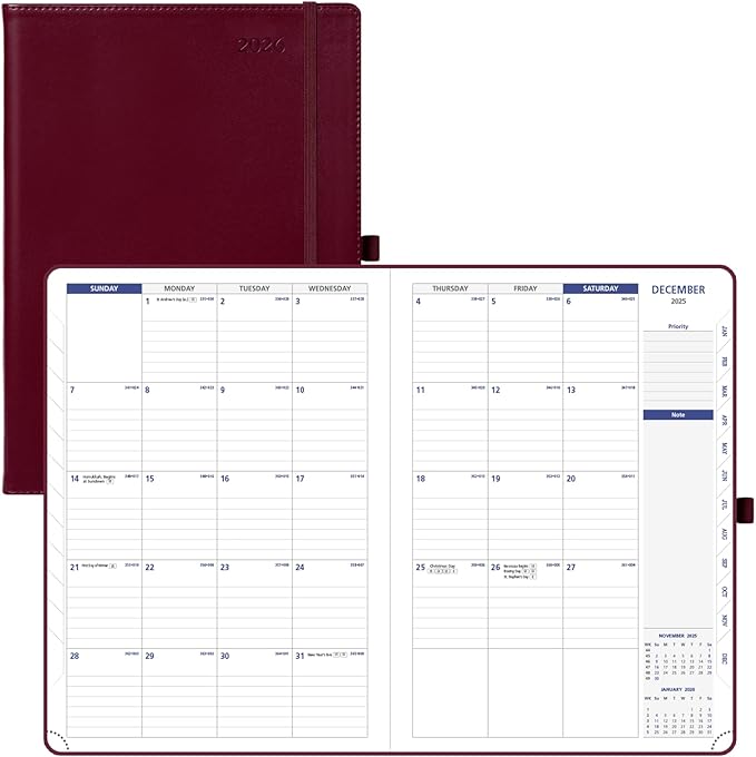 POPRUN Monthly Planner 2026-2027 (Large-8.25'' x 11.75''), 16 Months Calendar(Dec 2025-Mar 2027) Appointment Book with Stair Tabs, Inner Pockets, Pen Holder, PU Leather Softcover - Burgundy