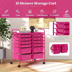 Happygrill 12-Drawer Rolling Storage Cart, Multipurpose Storage Cart W/Lockable Wheels, 2 Sizes Plastic Drawers & Metal Shelf, Mobile Utility Cart for Home Office School (Hot Pink)