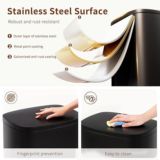 PayLessHere Stainless Steel Trash Can with Lid - Removable Inner Bucket, Foot Pedal Soft Close for Office, Home, Kitchen Garbage Bin (Black, 13 G)