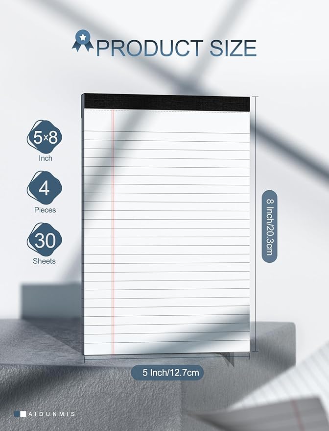 Note Pads 5x8 for Work White Legal Pads 5x8 College Ruled Legal Notepads Lined Note Pads for Office Writing Pads 80 GSM Pads of Paper Notepad 4 Pack Legal Notepads Narrow Ruled with 30 Sheets Per Pad