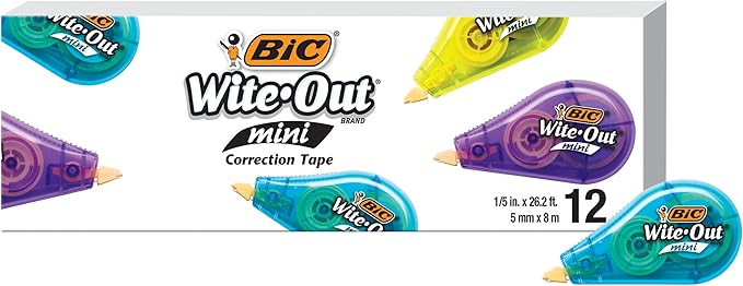 BIC Wite-Out Brand Mini Correction Tape, White Out, Tape Applies Dry, Great For School And Home 12-Count (Pack of 12, 144 Count Total)