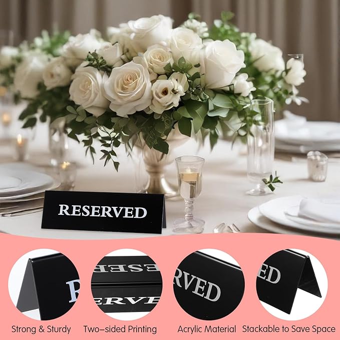 14 Pcs Reserved Table Signs, Black Reserved Signs Reserved Seating Signs, Reserved Table Signs Acrylic Reserved Table Tent Signs, Reservation Seat Signs for Wedding Restaurant Office Meeting Chairs