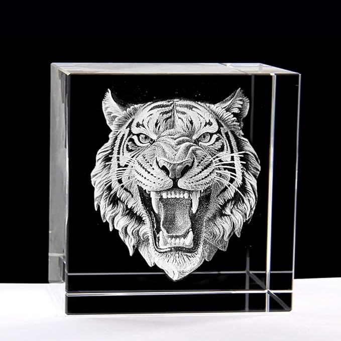SHTWX 3D Angry Tiger Glass Paperweight(Laser Etched) in Crystal Cube Birthday (No Included LED Base)(2.3x2.3x2.3 Inch)