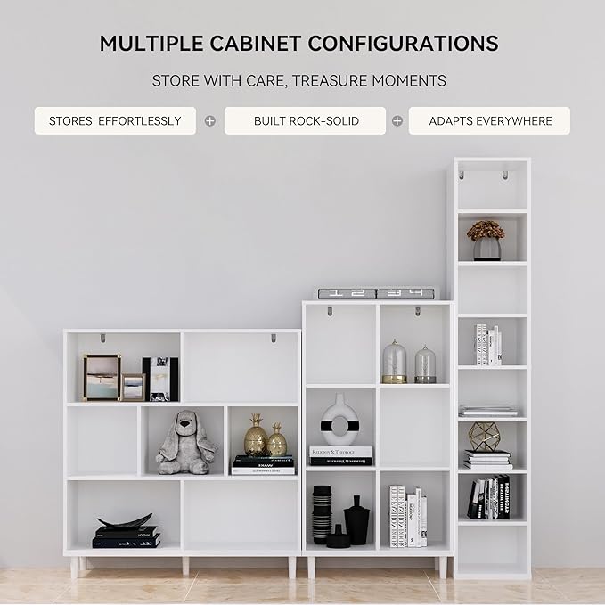 Chyanmoo Wood Cube Storage Organizer White Bookshelf - 1-Tier Freestanding Storage Cabinet with Legs for Home Office, 8-Cubes Open Shelf