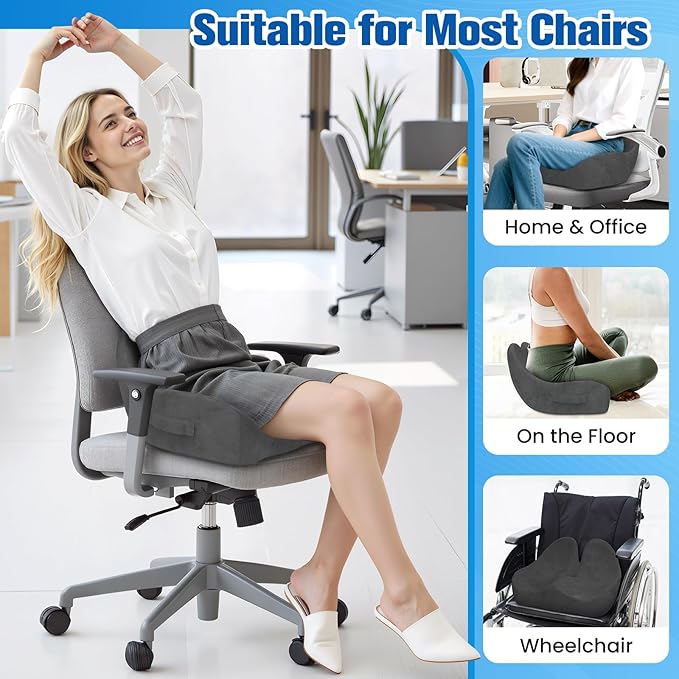 DailyCuddles Seat Cushion, Chair Cushions for Office Chairs/Desk Seats/Wheelchair - Hip&Sciatica&Tailbone Pain Relief Memory Foam Office Chair Cushion for Long Sitting Office Workers, Grey
