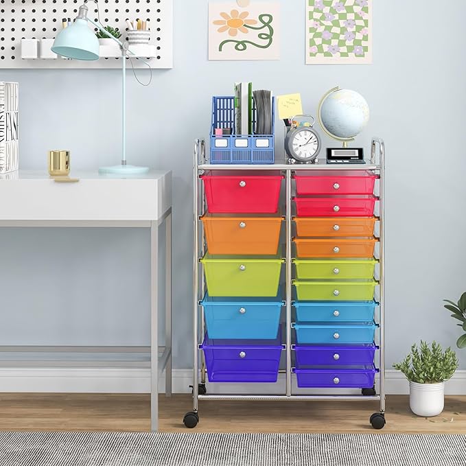 Giantex 15 Drawer Rolling Cart with Drawers, Storage Organizer Cart for Classroom Office School Teacher, Mobile Drawer Cart for Tools, Crafts, Small Printer, Paper (Clear Red+Orange+Green+Blue+Purple)