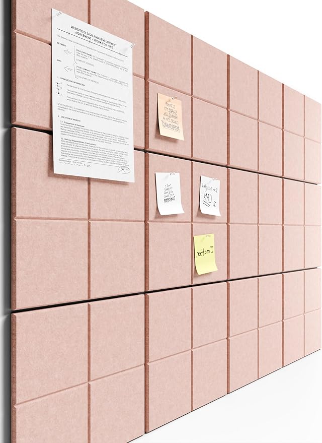 Bumusty Large Cork Board Alternative-47 x35 Felt Bulletin Board Tiles, with 30 Pushpins, 70 Adhesive Tabs, 12-Pack Slat Wall Paneling, Cork Boards for Office Push Pin Board Felt Board-Pink