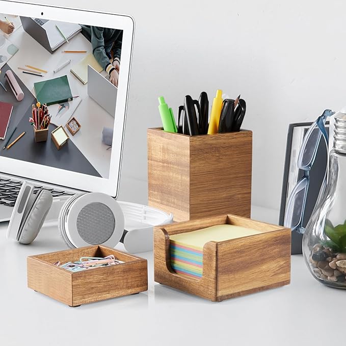 CMLKLZD Desk Organizer Set of 3 - Acacia Wood Office Desk Accessories - Desk Organizers and Accessories for Women Men - Set incl. Pencil Pen Holder, Paperclip Storage and Sticky Note Holder
