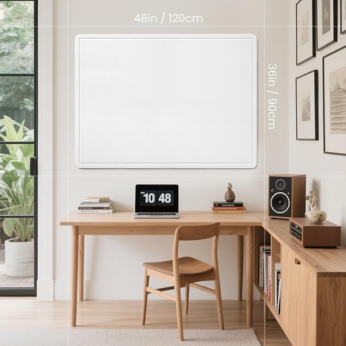 lightomorrow Large Bulletin Board - 48 x 36 Inches, Decorative Felt Pin Board for Wall - 4' x 3' Foldable Photo Display Board with Self-Adhesive Tape, Includes 20 Push Pins - White