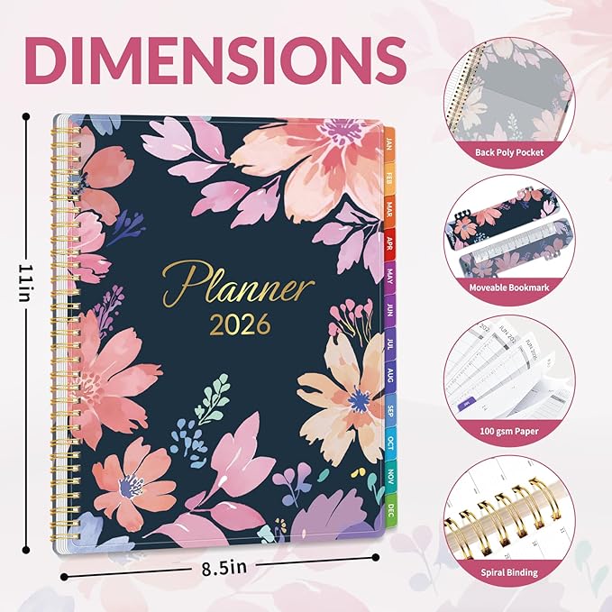 GNL 2026 Planner, Weekly and Monthly Planner (January - December 2026), 8.5" x 11" Monthly Agenda Planner with Waterproof Flexible Cover, Spiral Binding Notebook with Tab, Pockets, Bookmark, Floral
