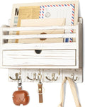 Rebee Vision Farmhouse Mail Organizer Wall Mounted – Rustic Key and Mail Holder for Wall with Drawer Organizer and 7 Key Hooks – Home Organization for Home Decor (Whitewash)