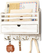 Rebee Vision Farmhouse Mail Organizer Wall Mounted – Rustic Key and Mail Holder for Wall with Drawer Organizer and 7 Key Hooks – Home Organization for Home Decor (Whitewash)