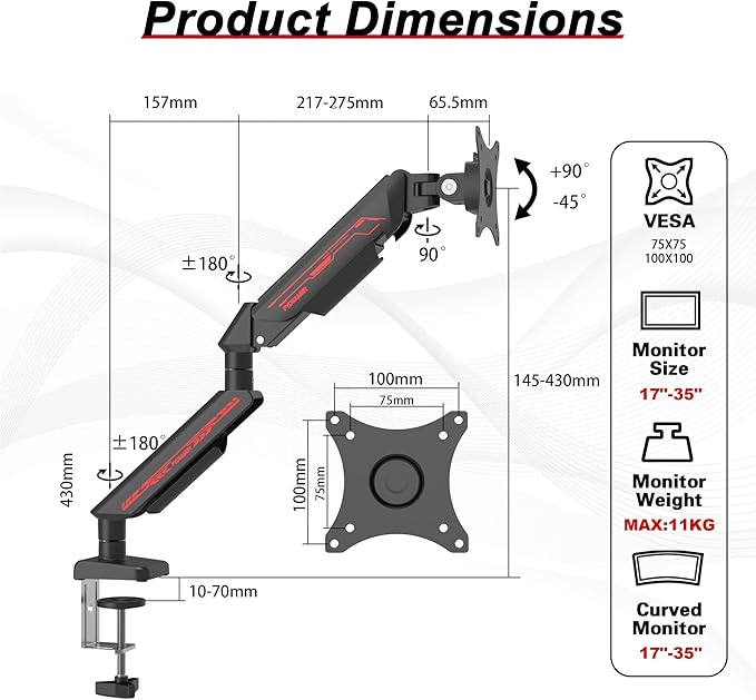 Fydeamer Monitor Arm for 17-35" Screens up to 24.2 lbs, Ergonomic Gas Spring Monitor Stand with Height Adjust, Tilt, Swivel & Cable Management, VESA Desk Mount with 2 Types of Installation, Black