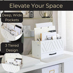 BLU MONACO White Desktop Mail Organizer with Drawer | Three-Tier Wooden Mail Holder with Gold Label Holders | Countertop Document and Bill Organizer for Home or Office