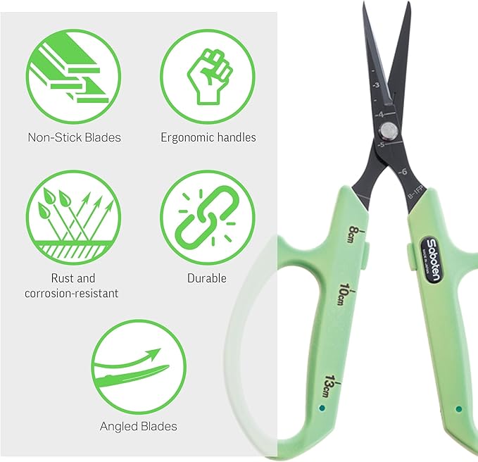 Saboten Fluorine Coated Angled Blade Trimming Scissors Green PT-2 160mm Precision Gardening Bonsai and Floral Shears Made in Japan