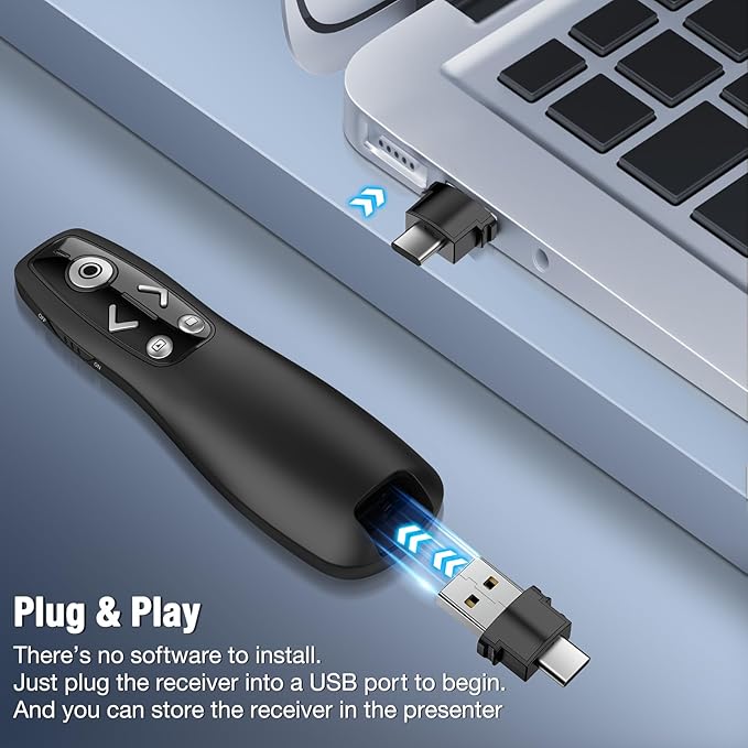 All-in-One Wireless Presentation Clicker with Red Light & Volume Remote Control- USB&Type-C PPT Remote Compatible with Mac/Windows/Laptop/Computer - Ideal for Powerpoint, Business, Classroom