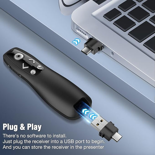 All-in-One Wireless Presentation Clicker with Red Light & Volume Remote Control- USB&Type-C PPT Remote Compatible with Mac/Windows/Laptop/Computer - Ideal for Powerpoint, Business, Classroom