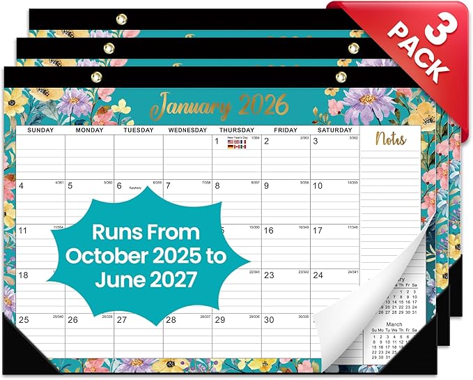 3 Pack of Desk Calendar 2026, 21 Months Calendar Runs from October 2025 to June 2027 - Large 17" x 12" Desktop/Wall Monthly Planner for Home School, or Office - Floral