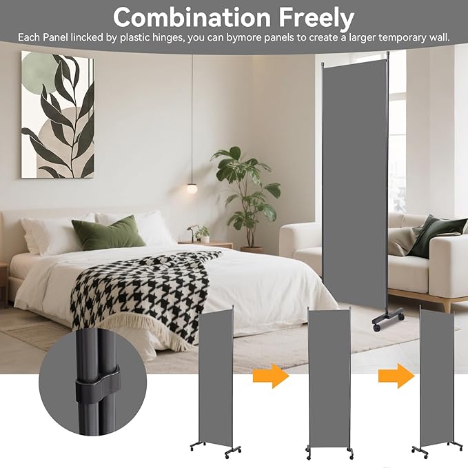 Room Divider(1 Panel-22in) Wall Divider for Room Separation, Portable Privacy Screens W/Wheels, Metal Frame Freestanding Room Separators 5.6FT Room Partitions and Dividers