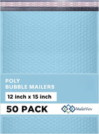 Light Blue Large Poly Bubble Mailers 12x15 inch | Self Seal Padded Envelopes Cushioned Bubble Mailer | Usable Size 12x15 | WaterProof | Lightweight mailing Shipping Bags | 50 Pack Bulk
