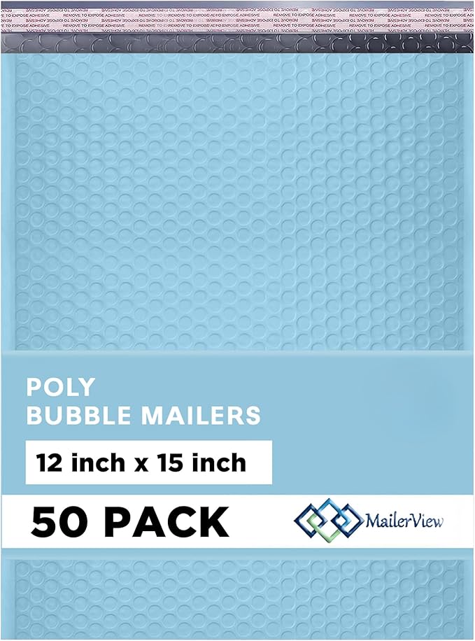 Light Blue Large Poly Bubble Mailers 12x15 inch | Self Seal Padded Envelopes Cushioned Bubble Mailer | Usable Size 12x15 | WaterProof | Lightweight mailing Shipping Bags | 50 Pack Bulk