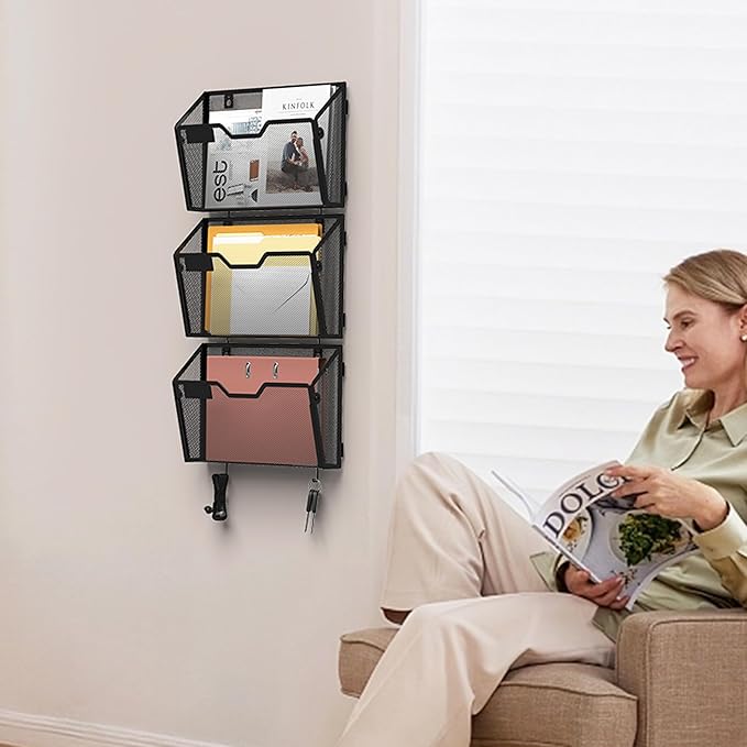 YINGHUA 3 Pack Mesh File Holders Wall Mounted - Durable Metal Hanging Organizer with Hooks - 12.6 Inch Vertical Wall Baskets for Mail Papers Office Home and School Storage - Black