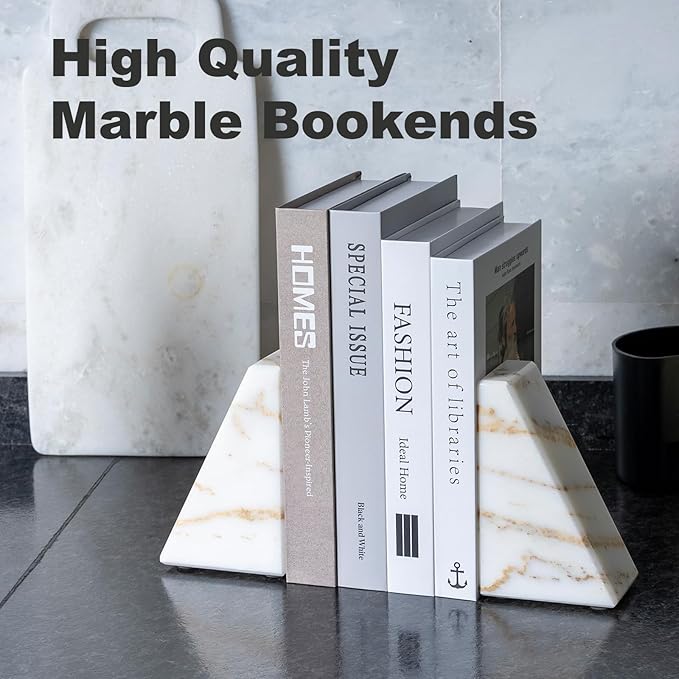 Karibiber Marble Bookends for Heavy Books, Calacatta Decorative Book Ends for Shelves, Unique and Heavy Bookends for Hardback Book & Cookbooks, Stone Book Stopper, Modern Book Holder,Set of 2