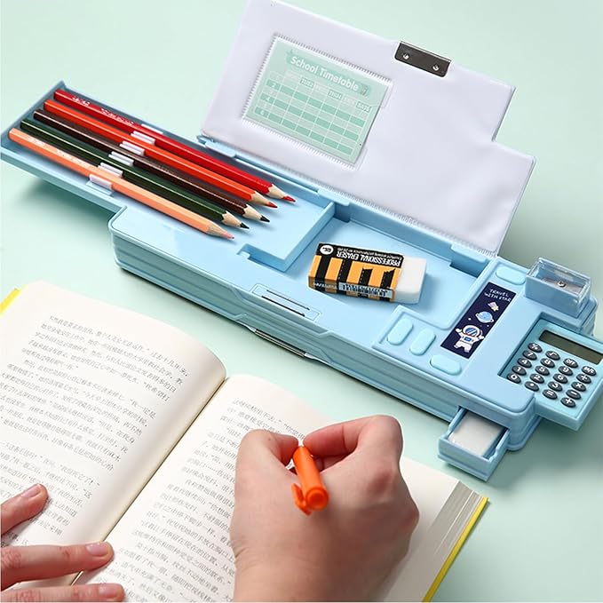 Ristpal Pop Up Multifunction Pencil Case, Cute Cartoon Pen Box Organizer Stationery with Calculators, Sharpener, Schedule, School Supplies, Best Birthday Gifts for Kids Teens (Light Blue)