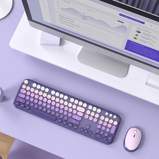 MOFII Wireless Keyboard and Mouse Combo, Full Size 2.4G Retro Round Computer Keyboard and Mouse Set, Plug and Play, for Windows, Computer, Desktop, PC, Notebook - (Purple Gradient)