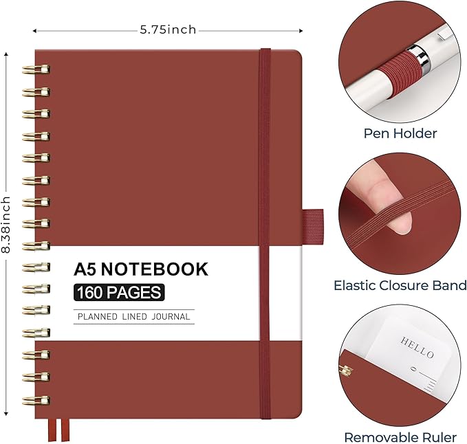 AHGXG Spiral Journal Notebook, 160 Lined Pages, A5 Medium Size (5.7'' x 8.3''), for Men & Women, Journaling, Writing, Work & Office, Hardcover, 100 GSM Thick Paper (Wine Red)