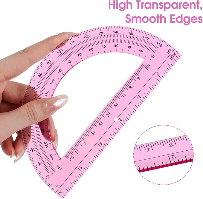 Hoiny 10 Pack Clear Protractor, 6 Inch Plastic Protractors, 180 Degrees Accurate Math Geometry Tools for School, Office, Classroom (Pink)