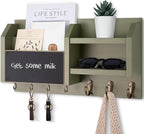 Lwenki Mail and Key Holder – Wall Mount Key Hanger with Shelf and 7 Metal Hooks – Decorative Natural Paulownia Wood Entryway Organizer with Mounting Hardware (16.5”W x 8.7”H x 3.5”D) (Sage-Green)
