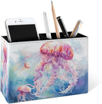 Famame Cute Watercolor Jellyfishes Pencil Holder for Desk, Leather Desktop Container Pen Cup Storage Study Table Pen Organizer Makeup Brush Holder for Classroom Office Home
