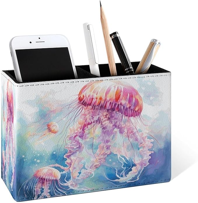 Famame Cute Watercolor Jellyfishes Pencil Holder for Desk, Leather Desktop Container Pen Cup Storage Study Table Pen Organizer Makeup Brush Holder for Classroom Office Home