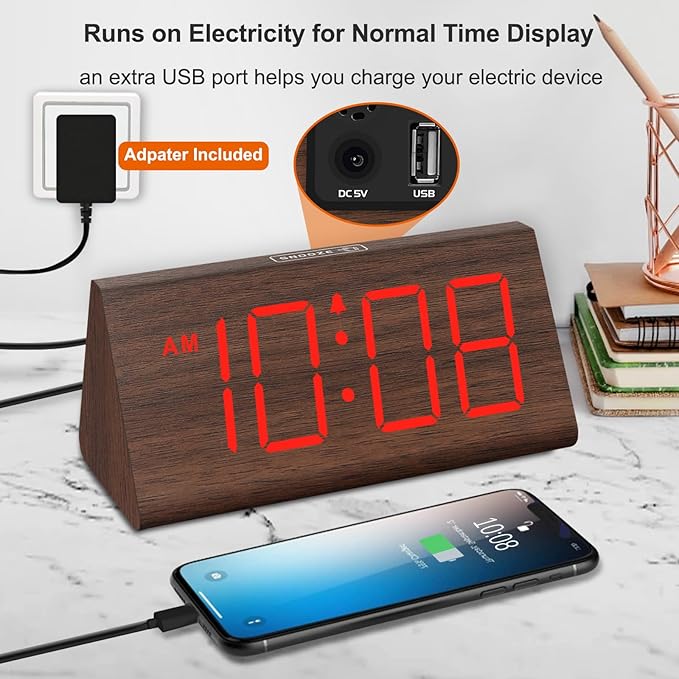 DreamSky Wooden Digital Alarm Clocks for Bedrooms - Electric Desk Clock with Large Numbers, USB Port, Loud Alarm for Heavy Sleepers, Adjustable Volume, Dimmer, Snooze, DST, Wood Décor, Adapter Powered