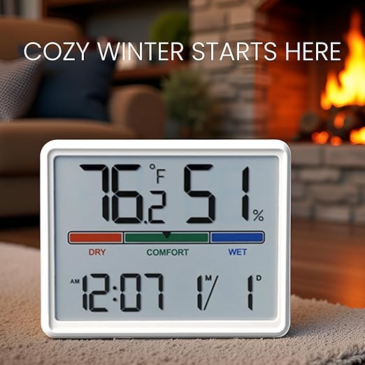 Luzsco Digital Hygrometer Indoor Thermometer, Clock with Temp & Humidity, Temp Gauge with Comfort Indicator, Wall/Magnetic/Desk Alarm Clock for Bedroom, Baby Room, Office, Kitchen, Garage (White)
