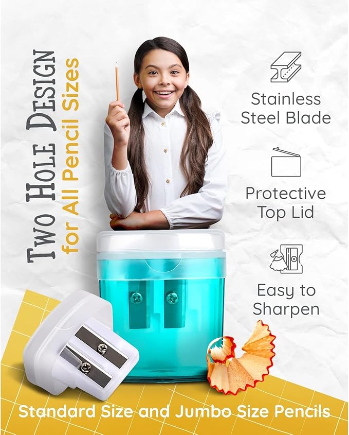 Artellius Bulk Pencil Sharpeners for Classroom - Double Hole, Plastic, Multicolor, 100-Count - Handheld Pencil Sharpener for Kids & School Supplies