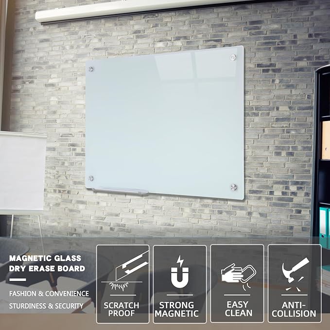 Gooderboard Glass Magnetic White Board - 36 x24 Inches Frameless Dry Erase Glass Whiteboard for Wall, Writing Board for Office, Classroom, Home and Presentation