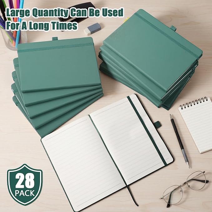 Laumoi 28 Pack PU Leather Lined Notebook Journal Bulk A5 Hardcover Notebook College Ruled 5.5 x 8.2 Inch Journal with Pen Holder for School Business Work Writing(Green,Simple)