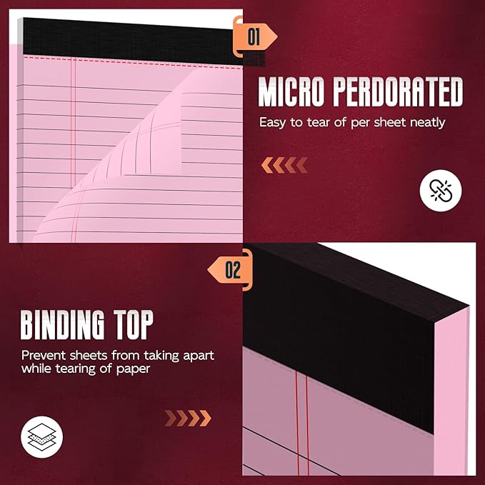 Roneky Pink Legal Pads 8.5 x 11 Wide Ruled Notepads, 3 Pack Note Pads 8.5 x 11 Lined Paper Pink Writing Pads 30 Sheets per Notepad Double-Side Printed Colored Legal Pads for Home, Office, School