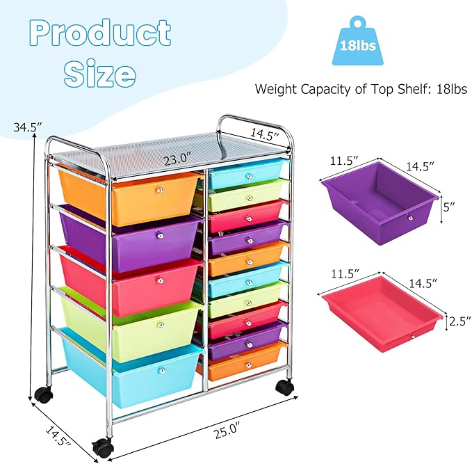 COSTWAY 15 Drawer Rolling Storage Cart, Multipurpose Mobile Storage Organizer w/Removable Drawers & Metal Frame, Utility Tools Paper Organizer on Wheels for Home, Office (Multi-color)