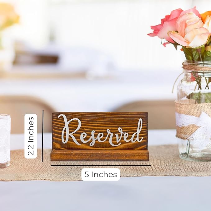 Darware Wooden Reserved Signs for Tables (6-Pack, Brown); Rustic Real Table Signs with Sign Holders for Weddings, Special Events, and Restaurant Use