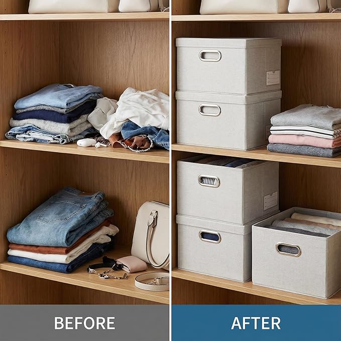 PRANDOM Storage Bins with Lids [3-Pack] Linen Fabric Foldable Storage Boxes Organizer Containers Baskets Cube with Cover for Bedroom Closet Office Beige（11.4X8.6X6.7