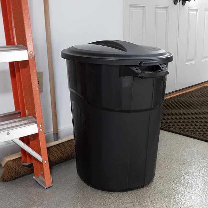 United Solution 20 Gallon Round Waste Container, Black, Easy to Carry Garbage Can with Sturdy Construction, Pass-Through Handles & Attachable Click Lock Lid, Indoor or Outdoor Use, 2-Pack, (TI0087)