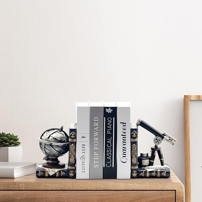 AUSTUFF Vintage Decorative Bookends, Armillary Sphere and Space Telescope Decorative Bookends, Vintage Decorative Unique Bookends for Home Office Schools