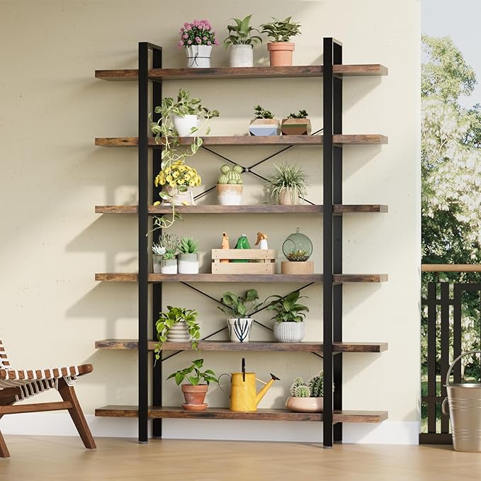 FURSUN Heavy Duty 6 Tier Bookcase, 80-in Tall Industrial Modern Large Bookshelf, Wood Farmhouse Bookcases Book Shelves and Metal Frame for Office, Bedroom, Living Room, Brown