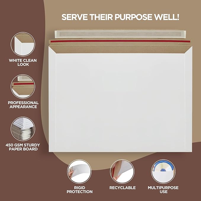 100 Pack 10x13.5 inches Rigid Mailers – Self-Seal White Cardboard Envelopes – Heavy-Duty Mailing Supplies for Documents, Photos, Magazines, and Literatur