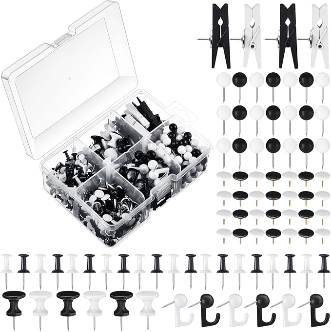 600 Pcs Decorative Push Pins, Black White Thumb Tacks 6 Types Cute Push Pin Clips for Bulletin Board Wall Cork Board Colorful Classroom Decor Teacher Must Haves Supplies School Crafts Project