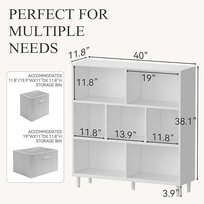 Chyanmoo Wood Cube Storage Organizer White Bookshelf - 3-Tier Freestanding Storage Cabinet with Legs for Home Office, 7-Cubes Open Shelf