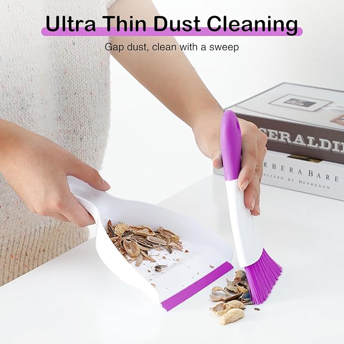 NACENA Mini Dustpan and Brush Set 2 Pack, Small Broom and Dustpan Set Dust Pan and Mini Hand Broom Dustpan and Broom Combo Compact for Home Table Keyboards Sofa Kitchen, Purple